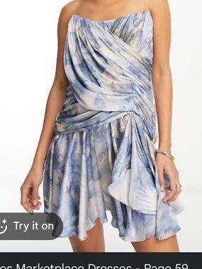 ASOS Strapless Draped Watercolor Mini Dress in Blue and Blush